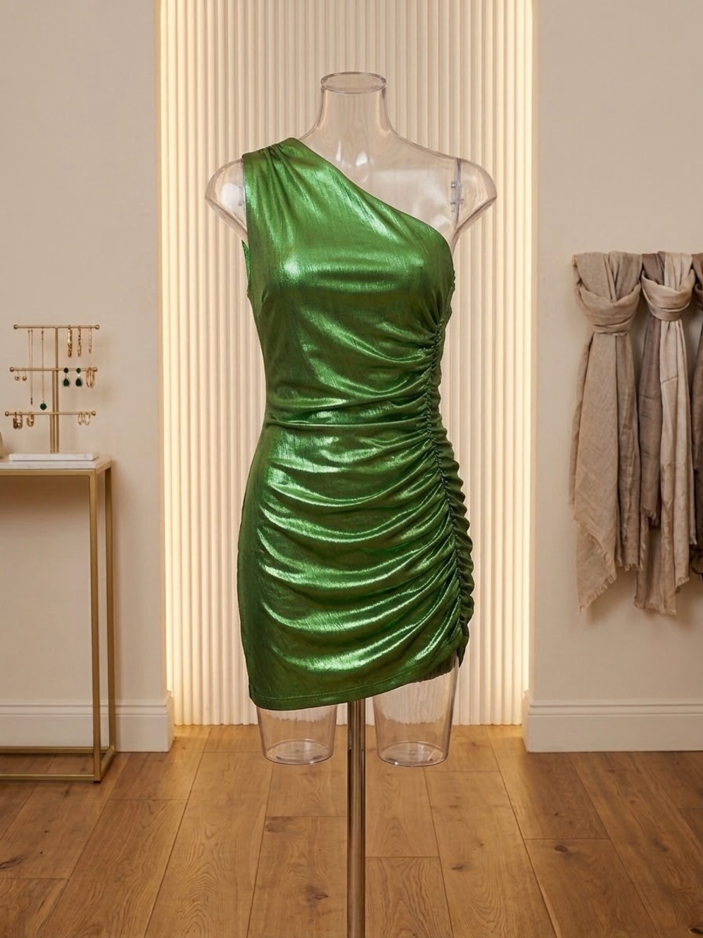 One-Shoulder Metallic Green Ruched Mini Dress